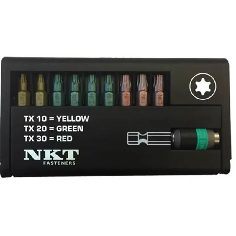 Nkt Bitset   Bitholder, Tx10,tx20,tx30 Sæt   Tx 10   Gul 2 Stk.
Tx 20   Grøn 4 Stk.
Tx 30   Rød 3 Stk.   137196 fra Itw