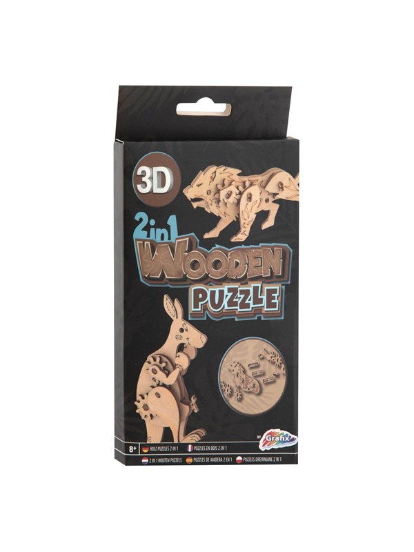 2 In 1 Wooden Construction Kit 3d Puzzle   Kangaroo And Lion 3d Puslespil fra Grafix